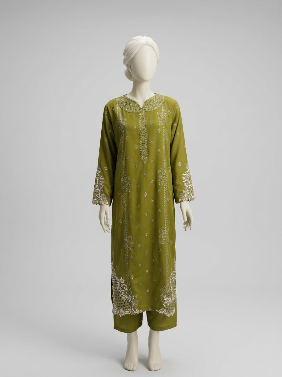 3 Piece Embroidered Karandi Suit with Cutwork Chiffon Dupatta (Stitched)