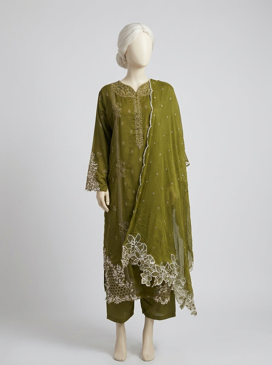 3 Piece Embroidered Karandi Suit with Cutwork Chiffon Dupatta (Stitched)