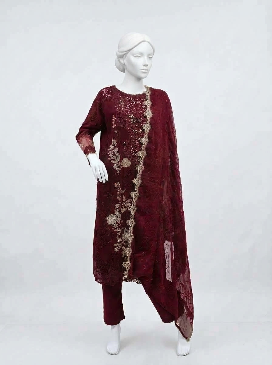3 Piece Embroidered Chiffon Suit with Chiffon Dupatta (Stitched)