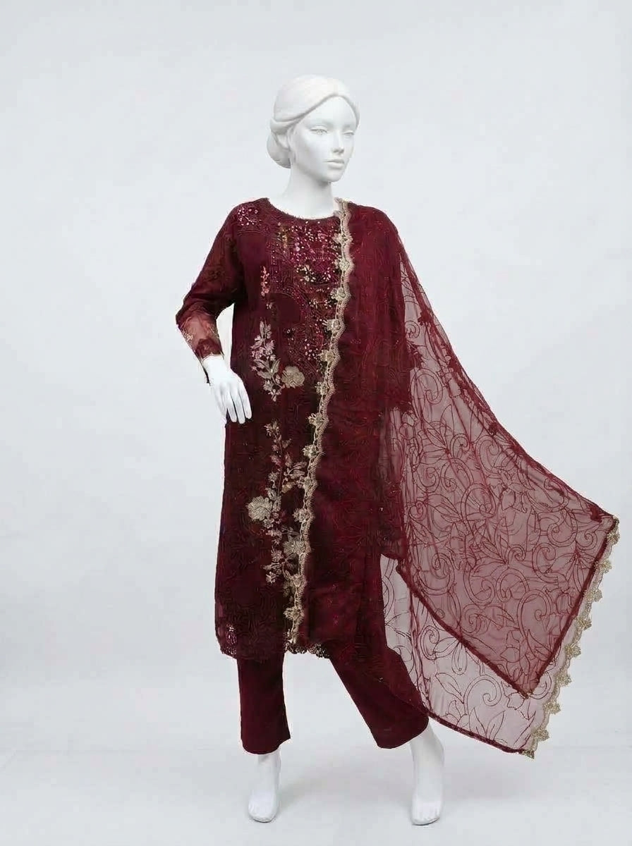 3 Piece Embroidered Chiffon Suit with Chiffon Dupatta (Stitched)