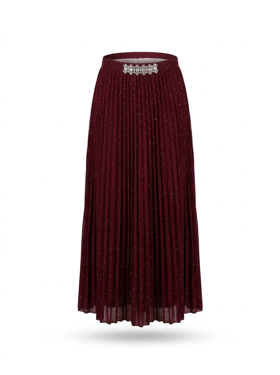 Embellished Pleated Skirt - Maroon