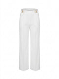Straight Leg Trousers with Gold Buckle Waistband - White