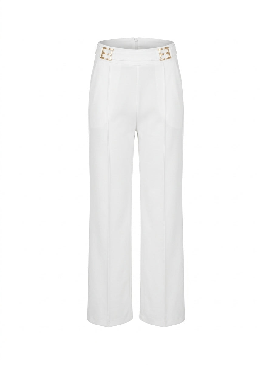 Straight Leg Trousers with Gold Buckle Waistband - White