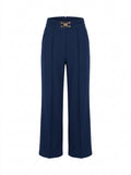 Straight Leg Trousers with Gold Buckle Waistband - Navy Blue