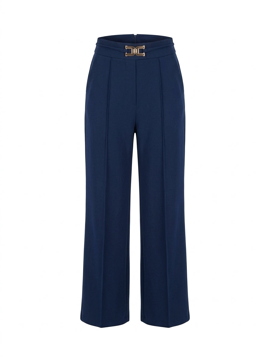 Straight Leg Trousers with Gold Buckle Waistband - Navy Blue