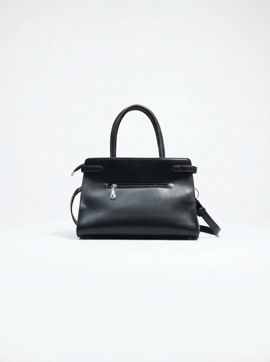 Classic Curved Top Handle Handbag - Charcoal Black