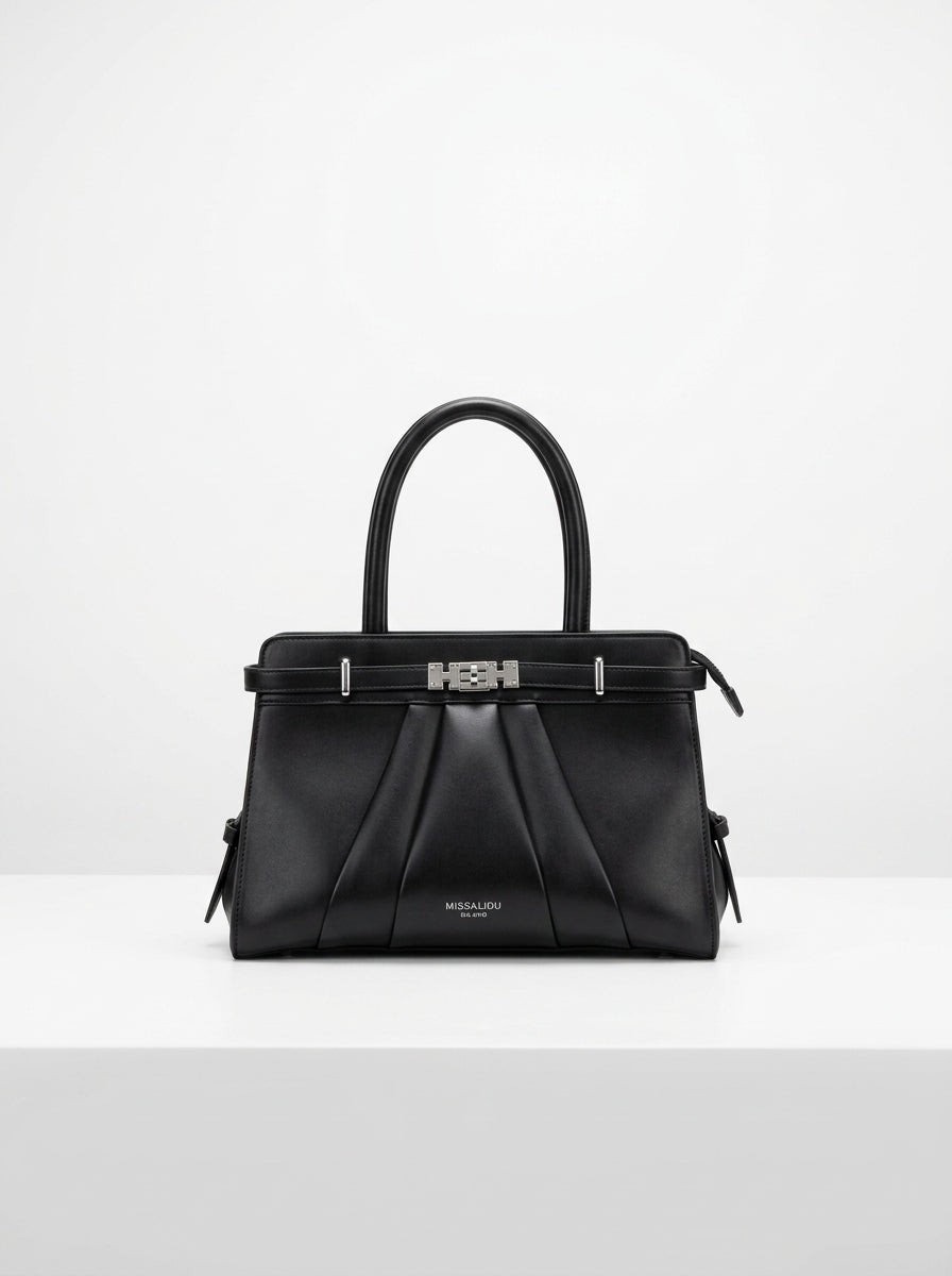 Classic Curved Top Handle Handbag - Charcoal Black
