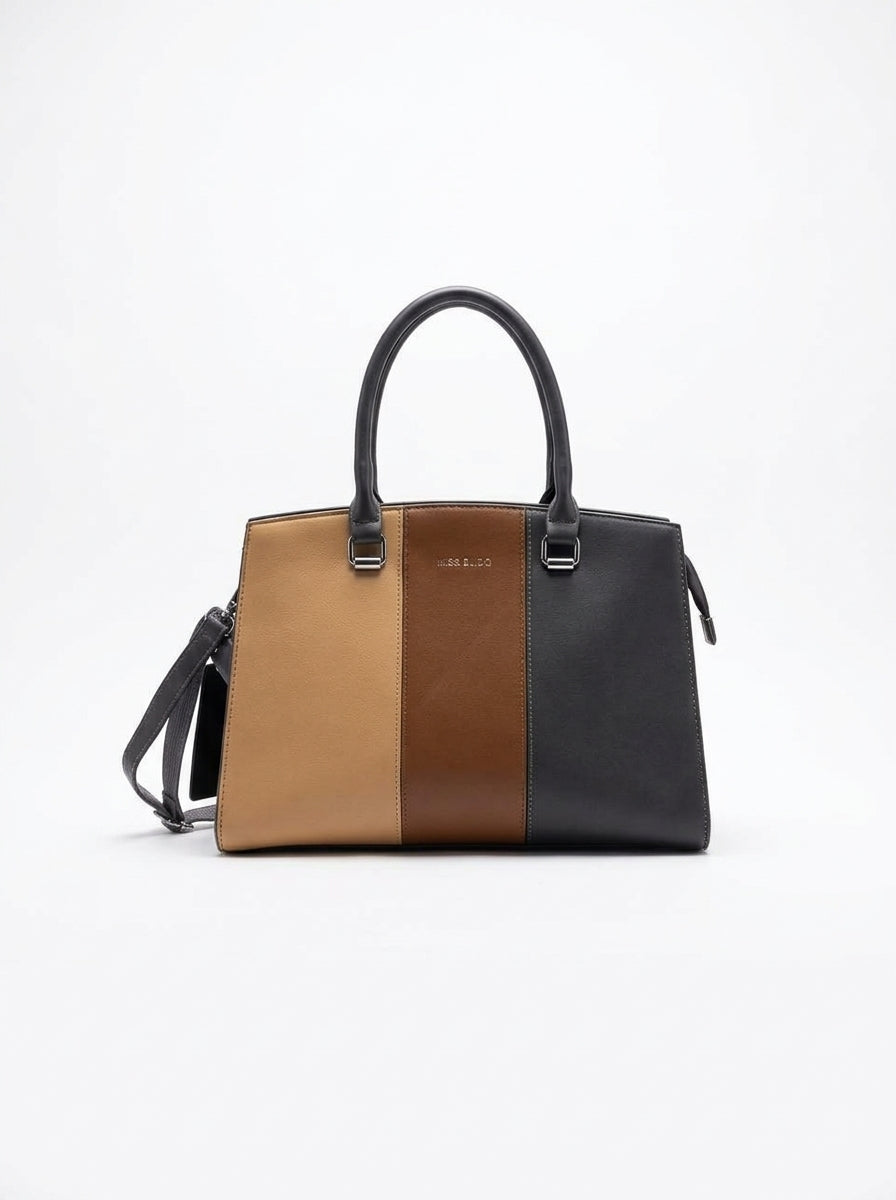 Tri-Color Striped Leather Handbag - Beige, Brown & Black