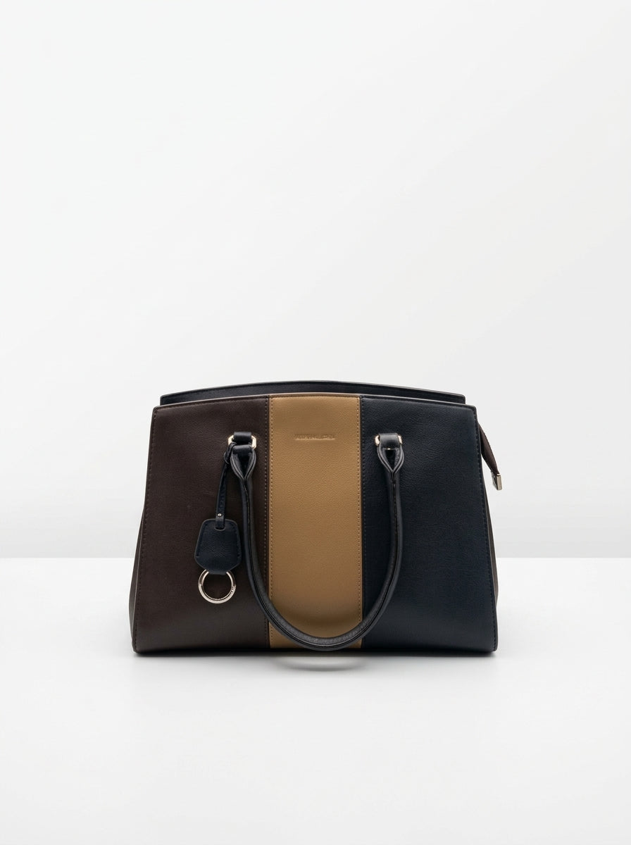Tri-Color Striped Leather Handbag - Beige, Brown & Black