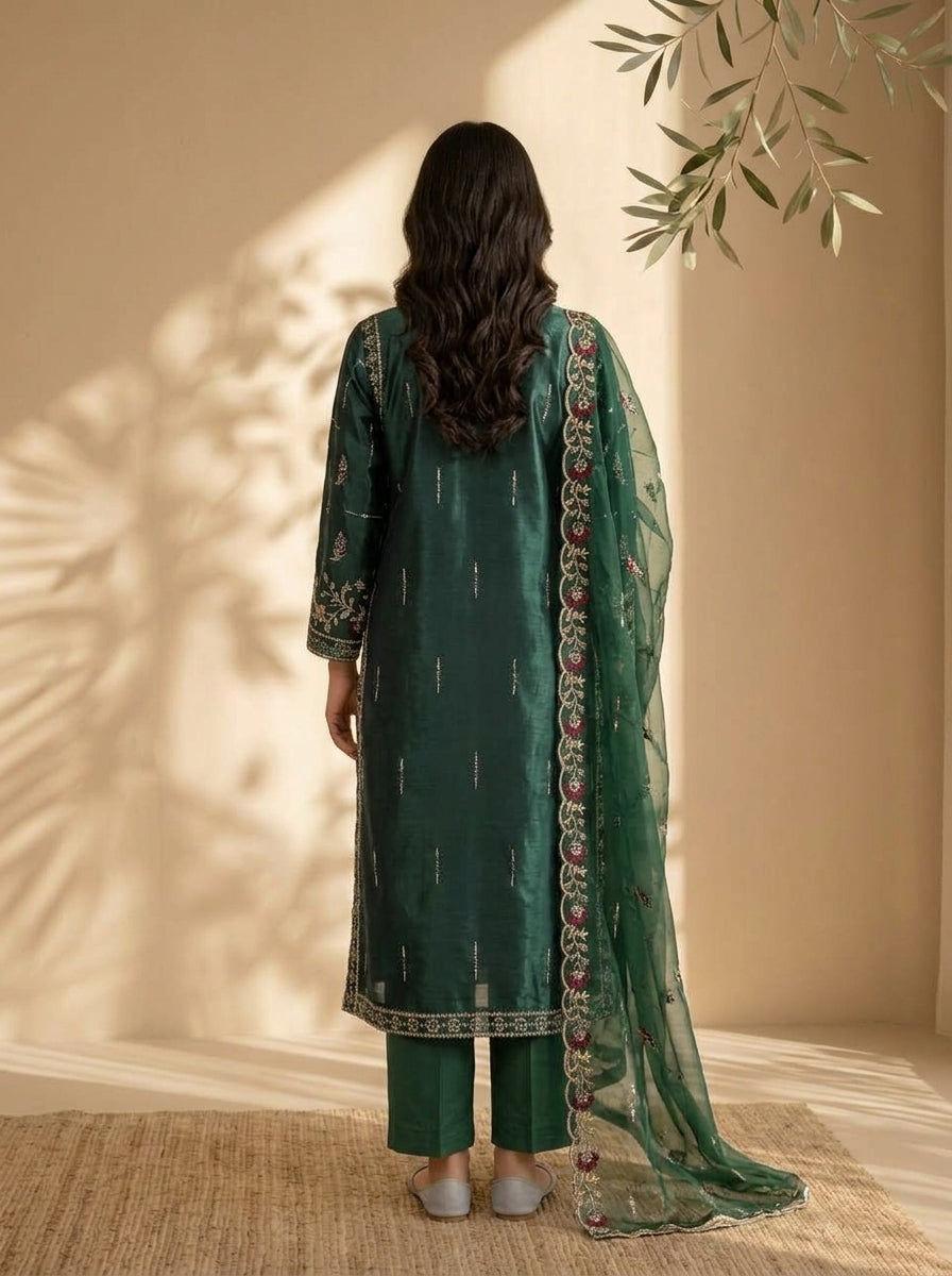 3 Piece Sheesha Silk Suit with Embroidered Khaadi Net Dupatta (Stitched)