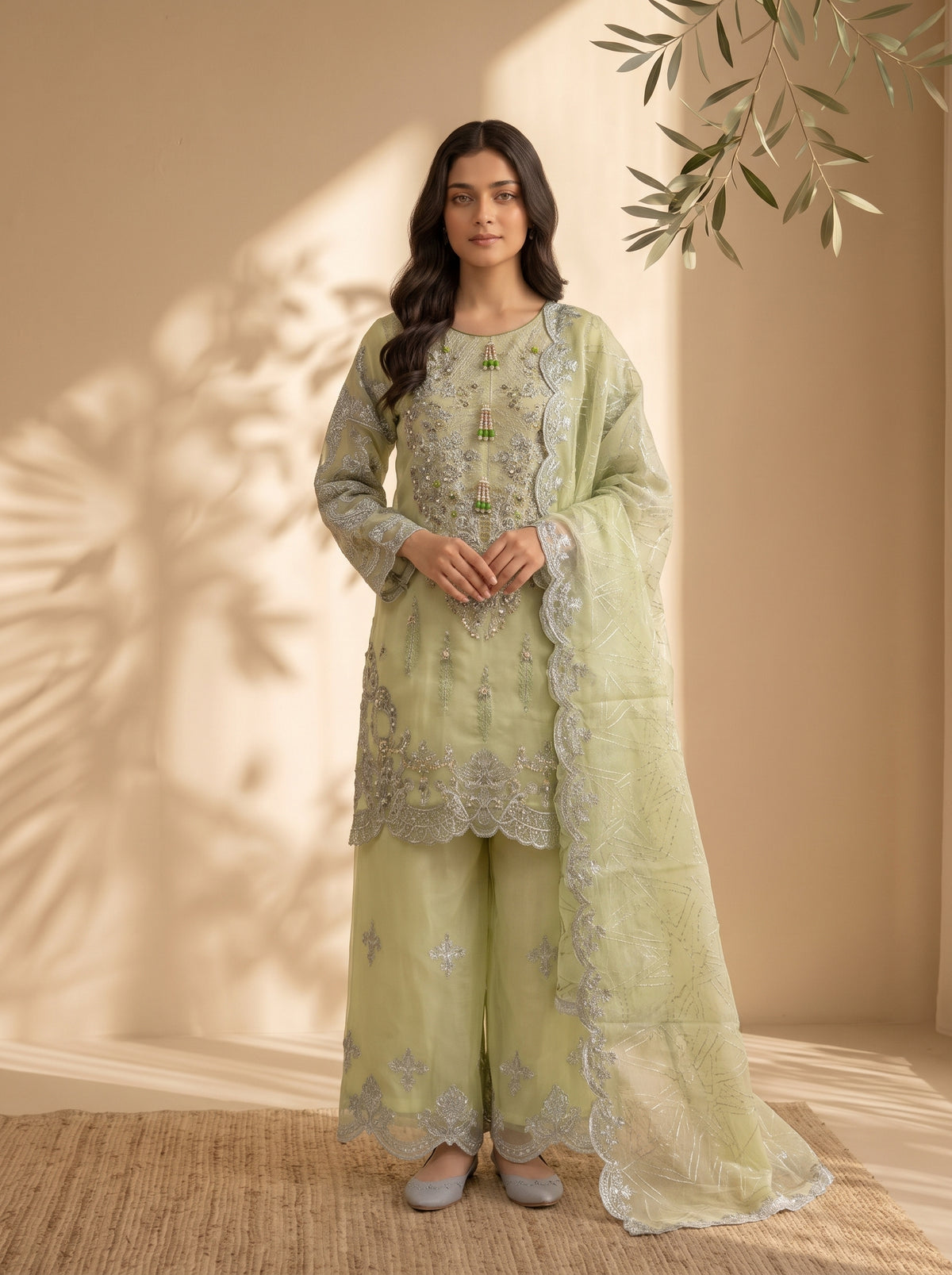 3 Piece Heavy Embroidered Organza Suit with Fancy Palazzo & Organza Dupatta (Stitched)