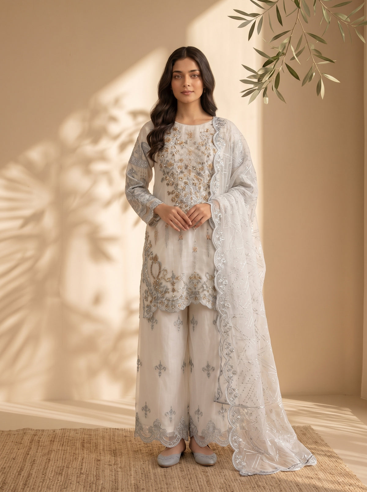 3 Piece Heavy Embroidered Organza Suit with Fancy Palazzo & Organza Dupatta (Stitched)
