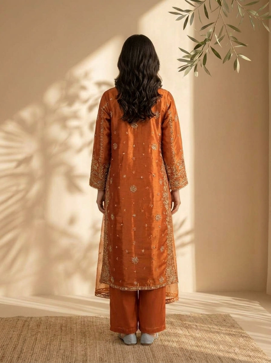 3 Piece Sheesha Silk Suit with Embroidered Khaadi Net Dupatta (Stitched)