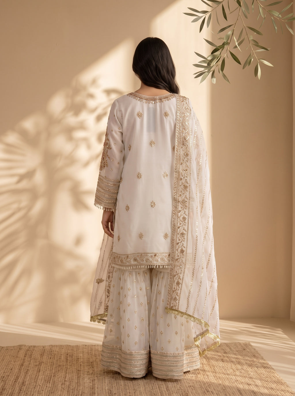 3 Piece Embroidered Organza Suit with Sharara & Organza Net Dupatta (Stitched)
