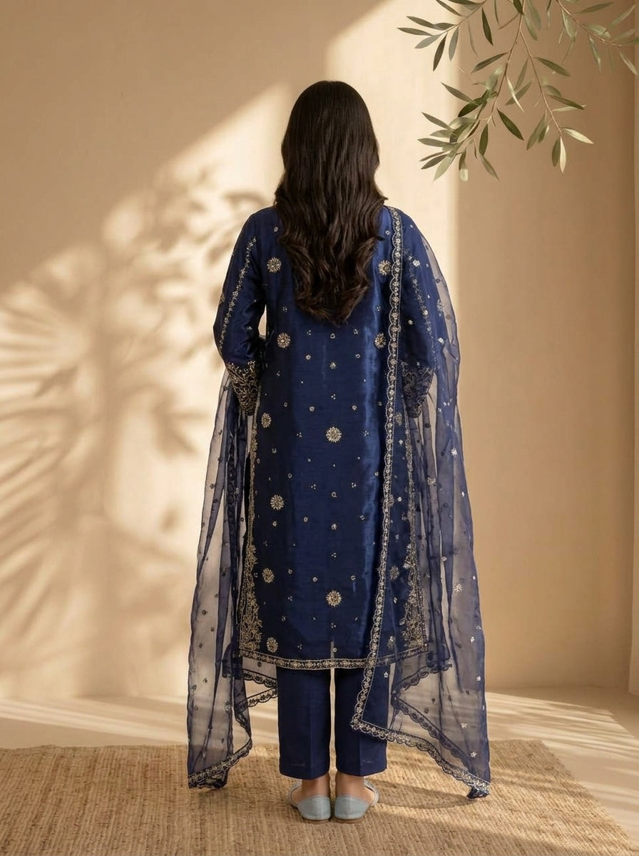 3 Piece Sheesha Silk Suit with Embroidered Khaadi Net Dupatta (Stitched)