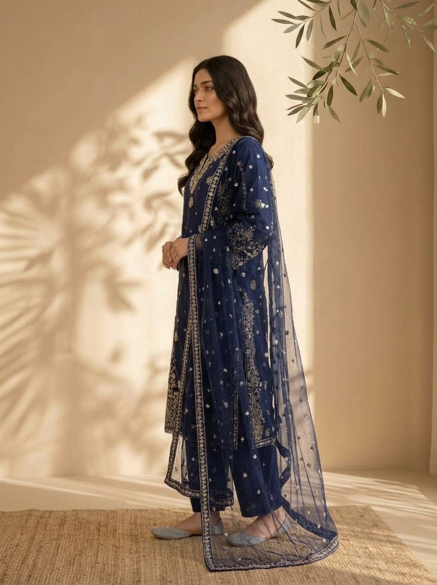 3 Piece Sheesha Silk Suit with Embroidered Khaadi Net Dupatta (Stitched)
