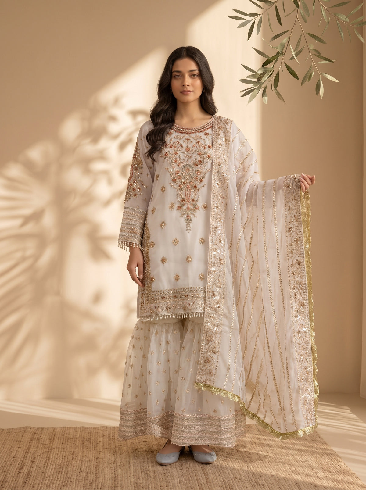 3 Piece Embroidered Organza Suit with Sharara & Organza Net Dupatta (Stitched)