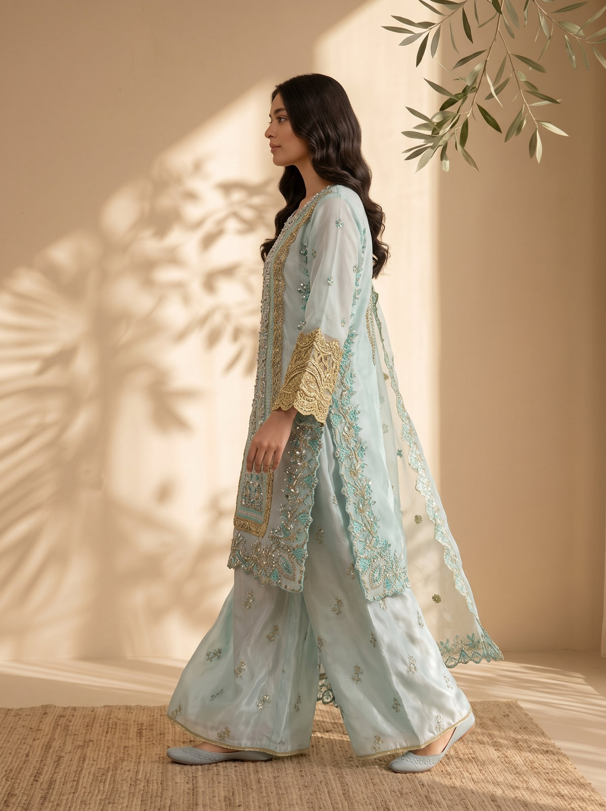 3 Piece Embroidered Organza Silk Suit with Fancy Palazzo & Organza Dupatta (Stitched)