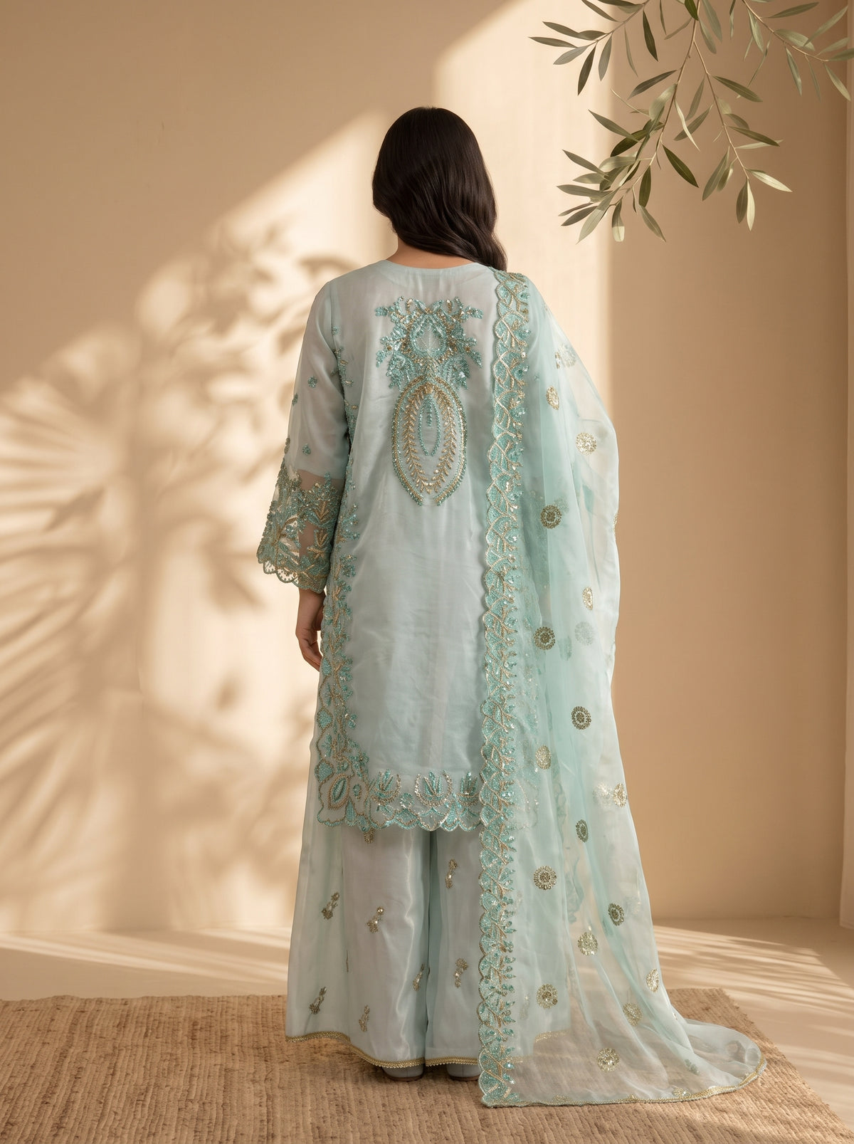3 Piece Embroidered Organza Silk Suit with Fancy Palazzo & Organza Dupatta (Stitched)