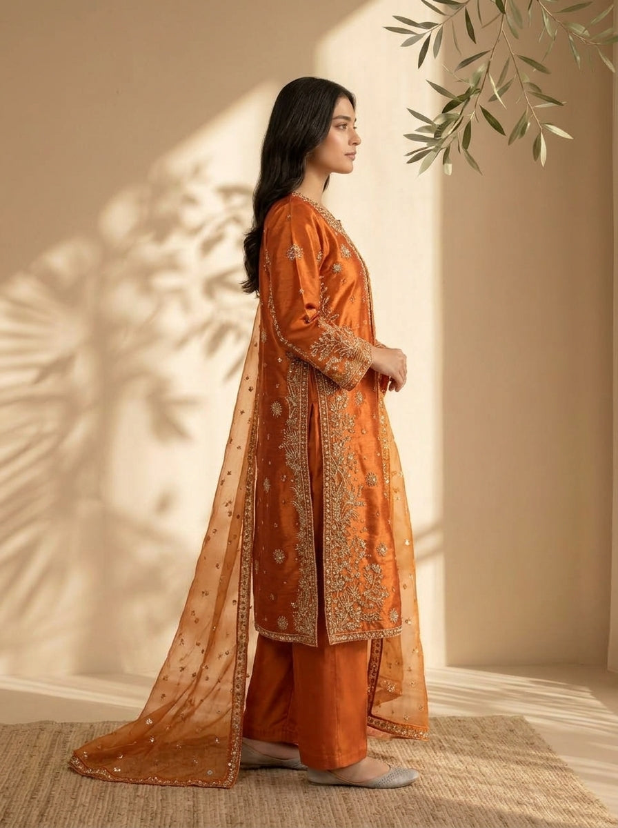 3 Piece Sheesha Silk Suit with Embroidered Khaadi Net Dupatta (Stitched)