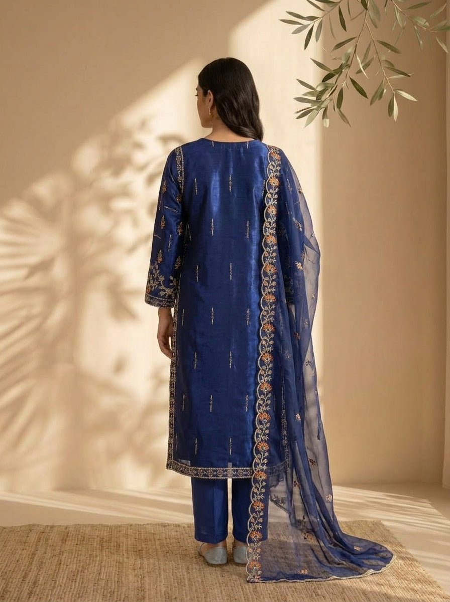 3 Piece Sheesha Silk Suit with Embroidered Khaadi Net Dupatta (Stitched)