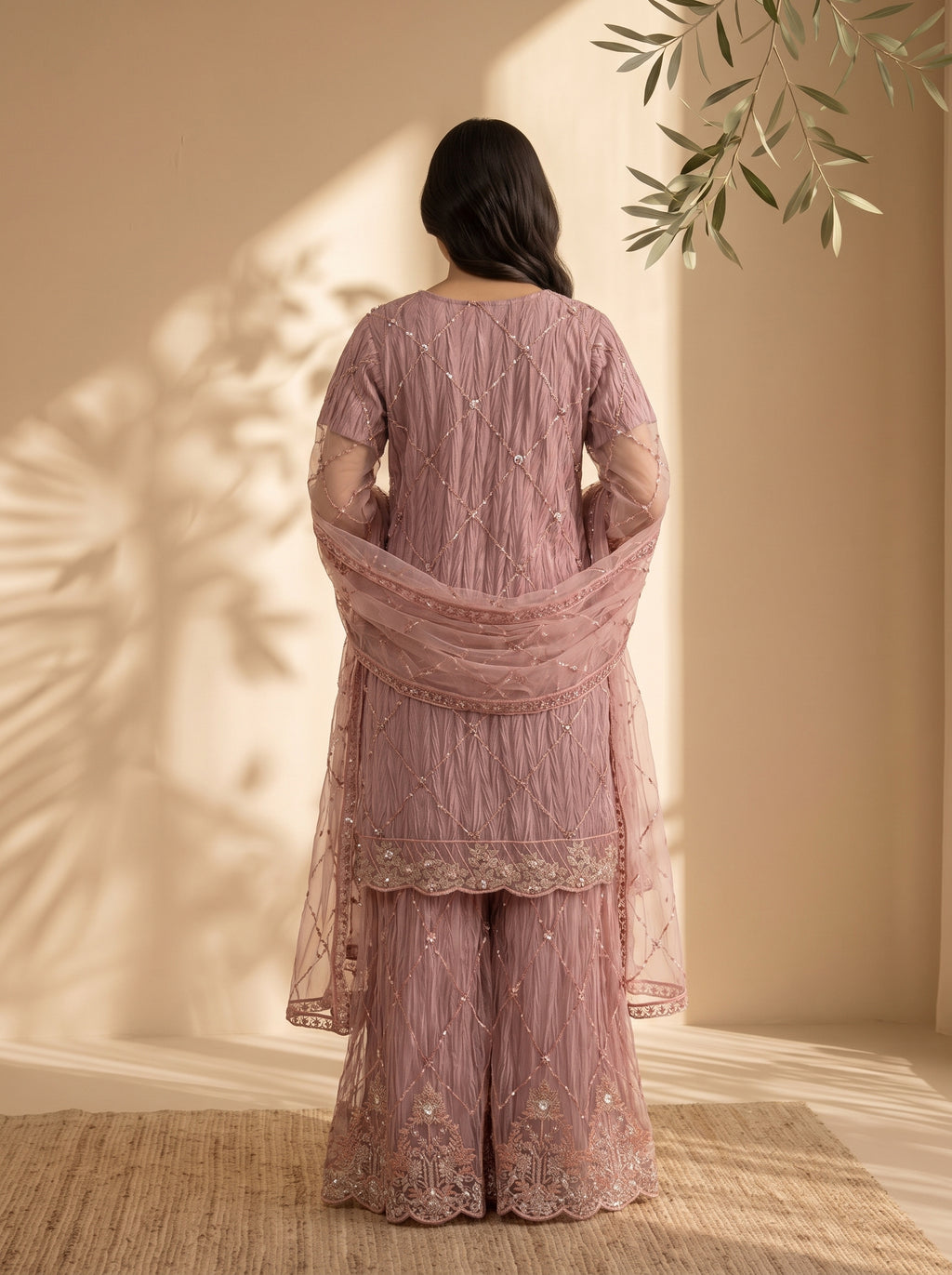 3 Piece Embroidered Khaadi Net & Shamooz Silk Suit with Fancy Work Palazzo (Stitched)