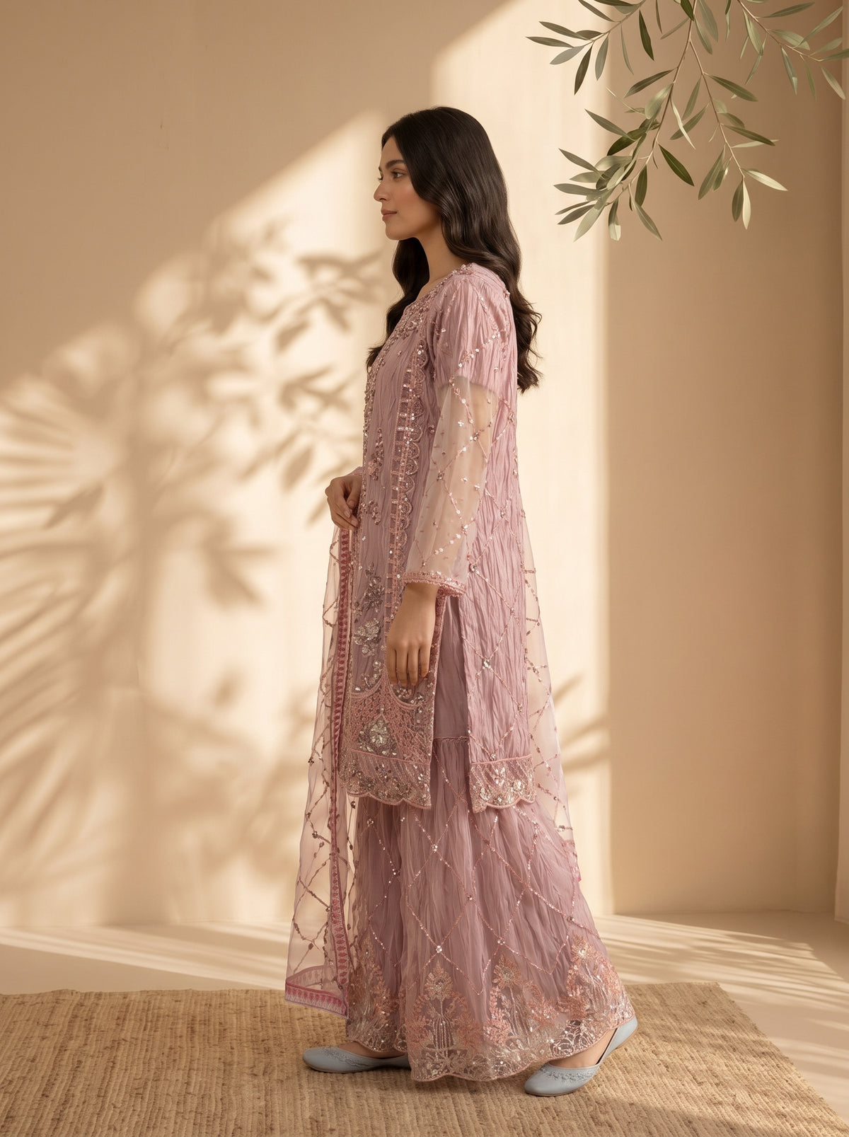 3 Piece Embroidered Khaadi Net & Shamooz Silk Suit with Fancy Work Palazzo (Stitched)