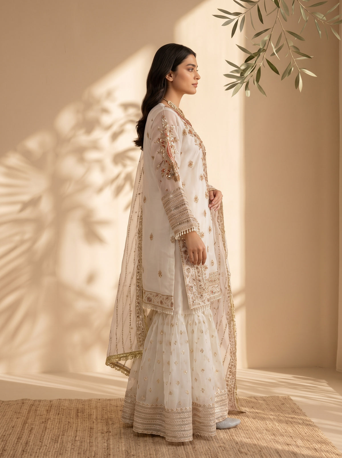 3 Piece Embroidered Organza Suit with Sharara & Organza Net Dupatta (Stitched)