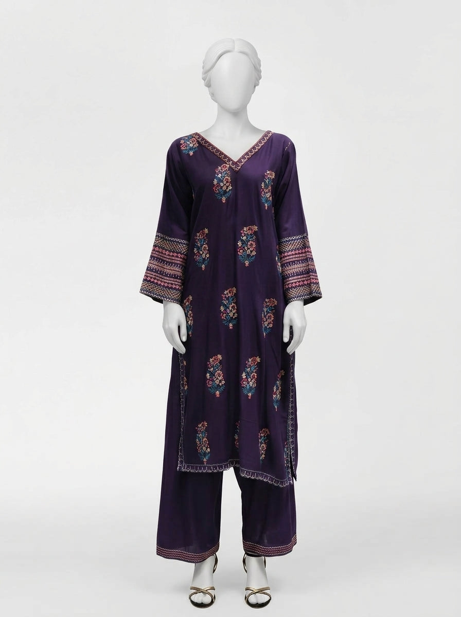 3 Piece Heavy Embroidered Karandi Suit with Full Embroidered Chiffon Dupatta & Embroidered Trouser (Stitched)