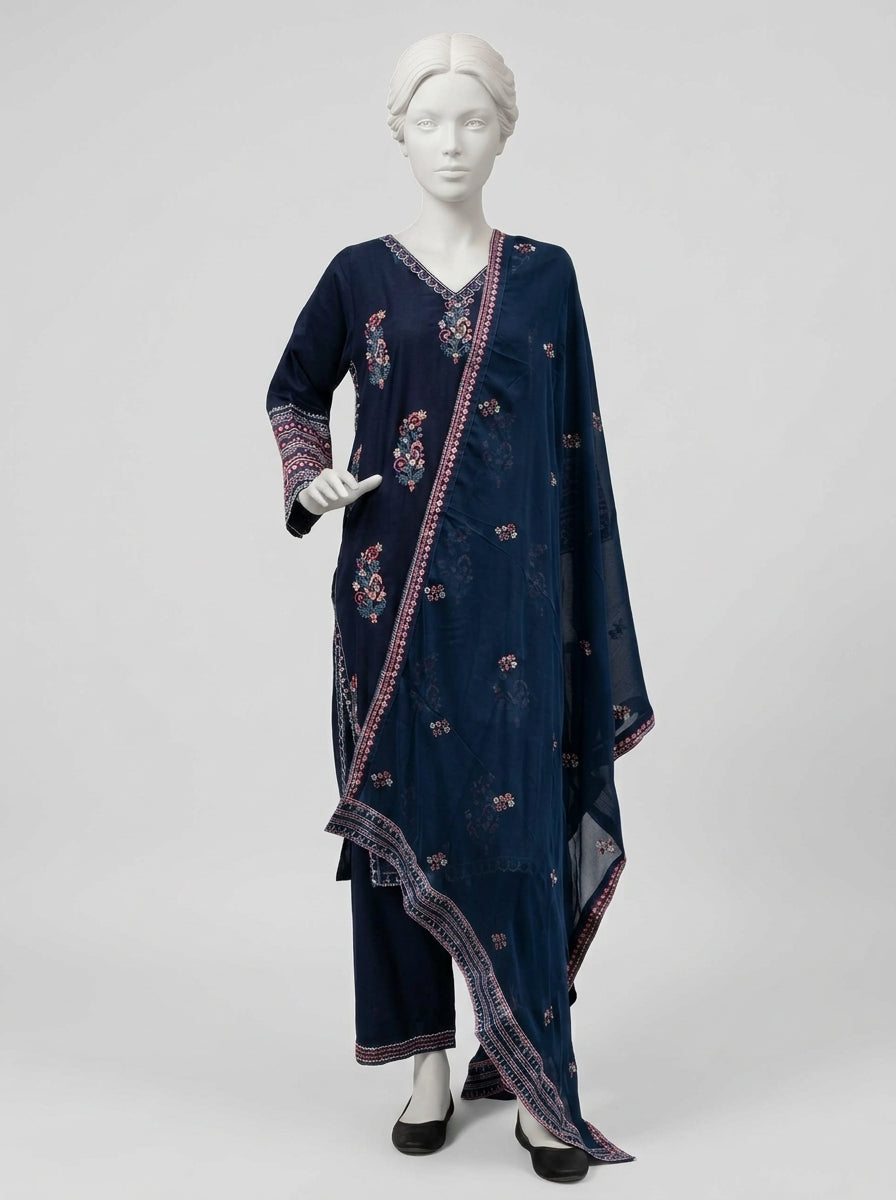 3 Piece Heavy Embroidered Karandi Suit with Full Embroidered Chiffon Dupatta & Embroidered Trouser (Stitched)