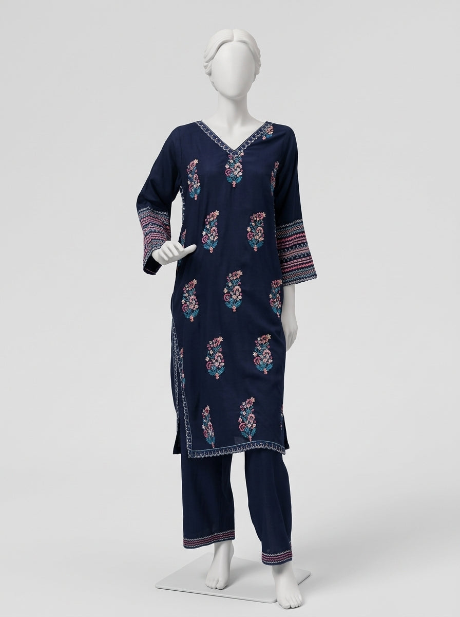 3 Piece Heavy Embroidered Karandi Suit with Full Embroidered Chiffon Dupatta & Embroidered Trouser (Stitched)