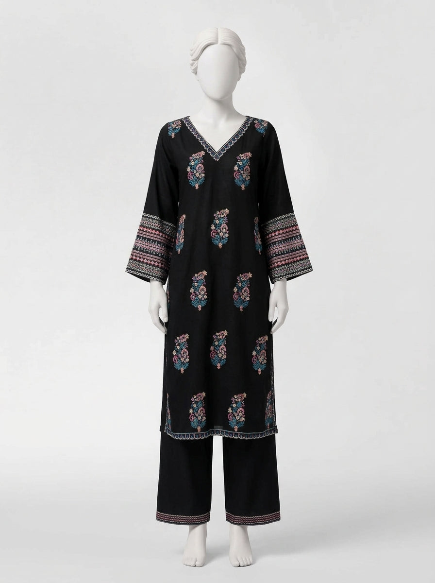 3 Piece Heavy Embroidered Karandi Suit with Full Embroidered Chiffon Dupatta & Embroidered Trouser (Stitched)
