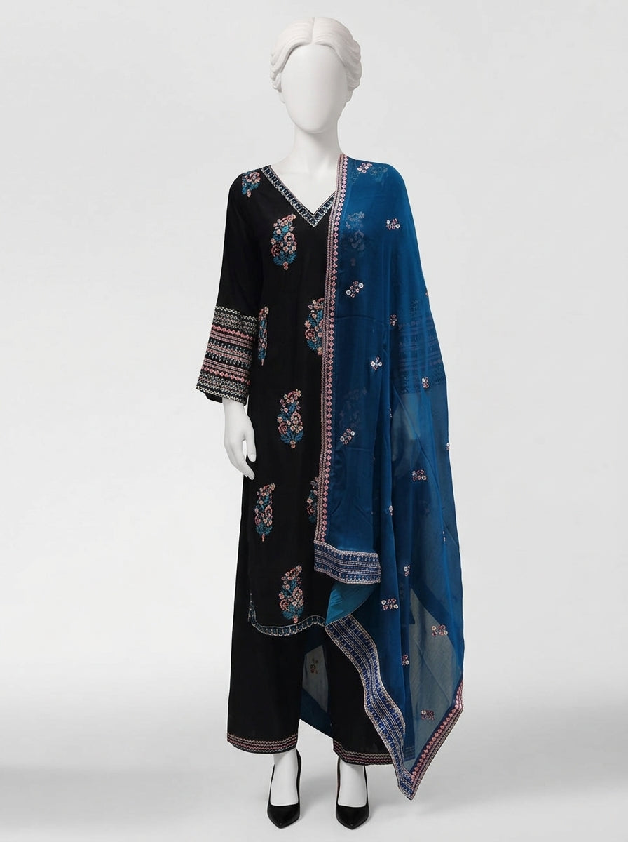 3 Piece Heavy Embroidered Karandi Suit with Full Embroidered Chiffon Dupatta & Embroidered Trouser (Stitched)