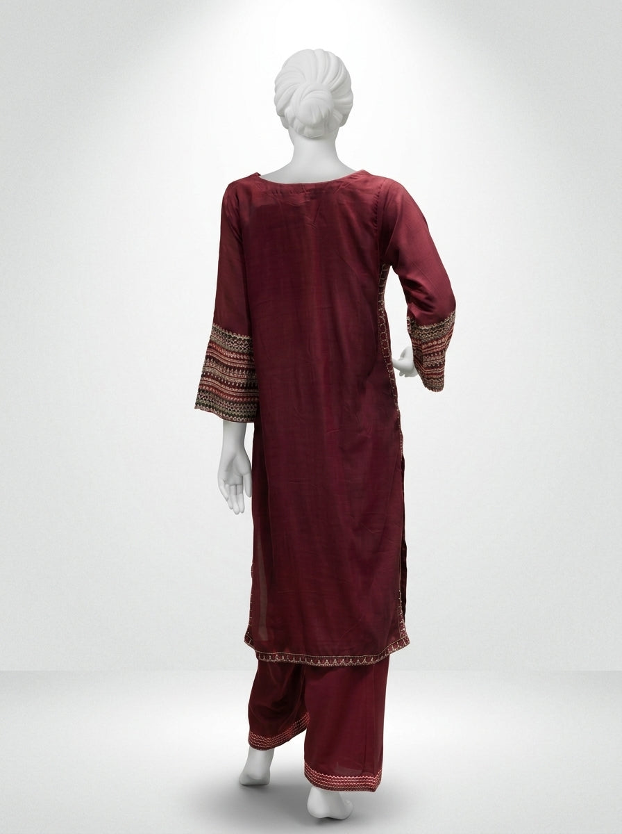 3 Piece Heavy Embroidered Karandi Suit with Full Embroidered Chiffon Dupatta & Embroidered Trouser (Stitched)