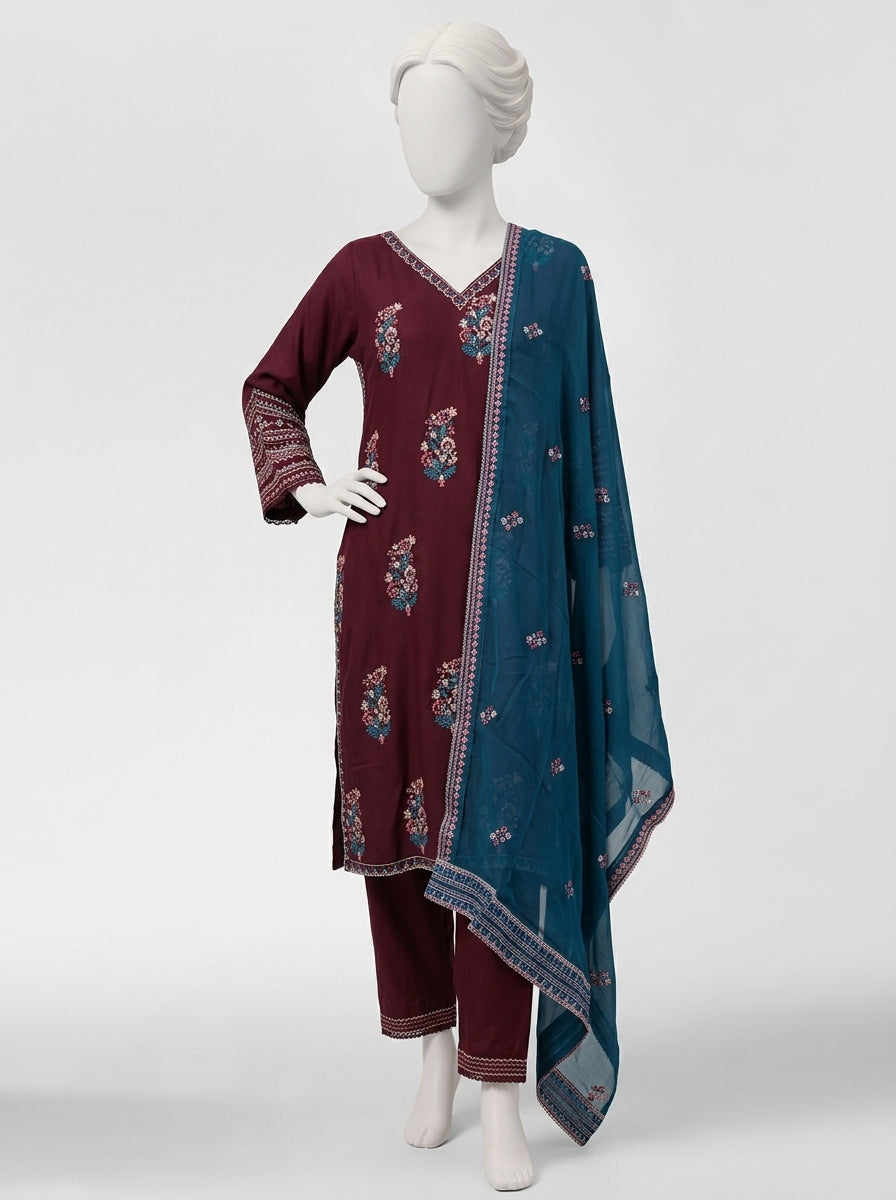 3 Piece Heavy Embroidered Karandi Suit with Full Embroidered Chiffon Dupatta & Embroidered Trouser (Stitched)