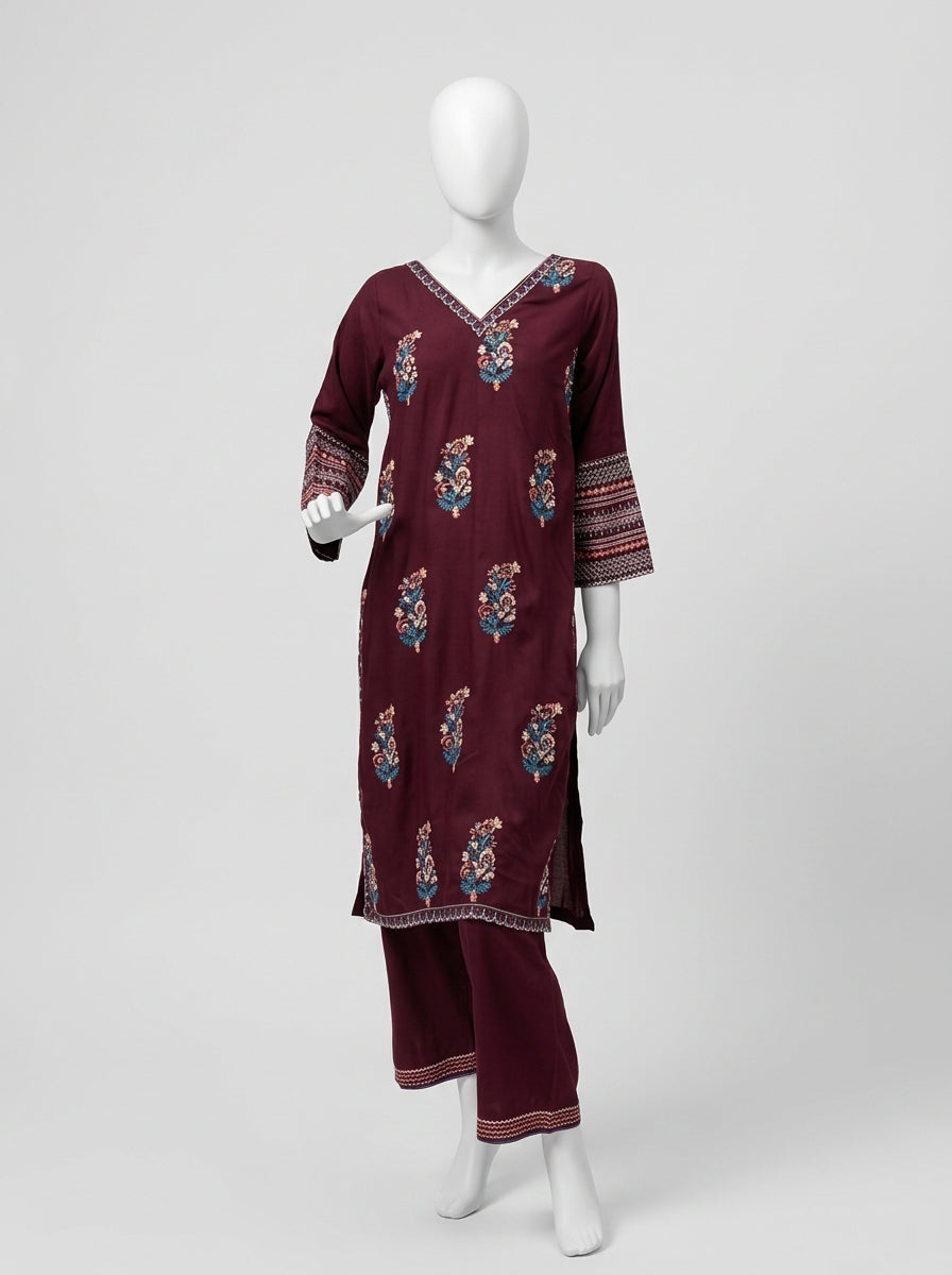 3 Piece Heavy Embroidered Karandi Suit with Full Embroidered Chiffon Dupatta & Embroidered Trouser (Stitched)
