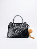 Black Marble-Effect Patent Satchel