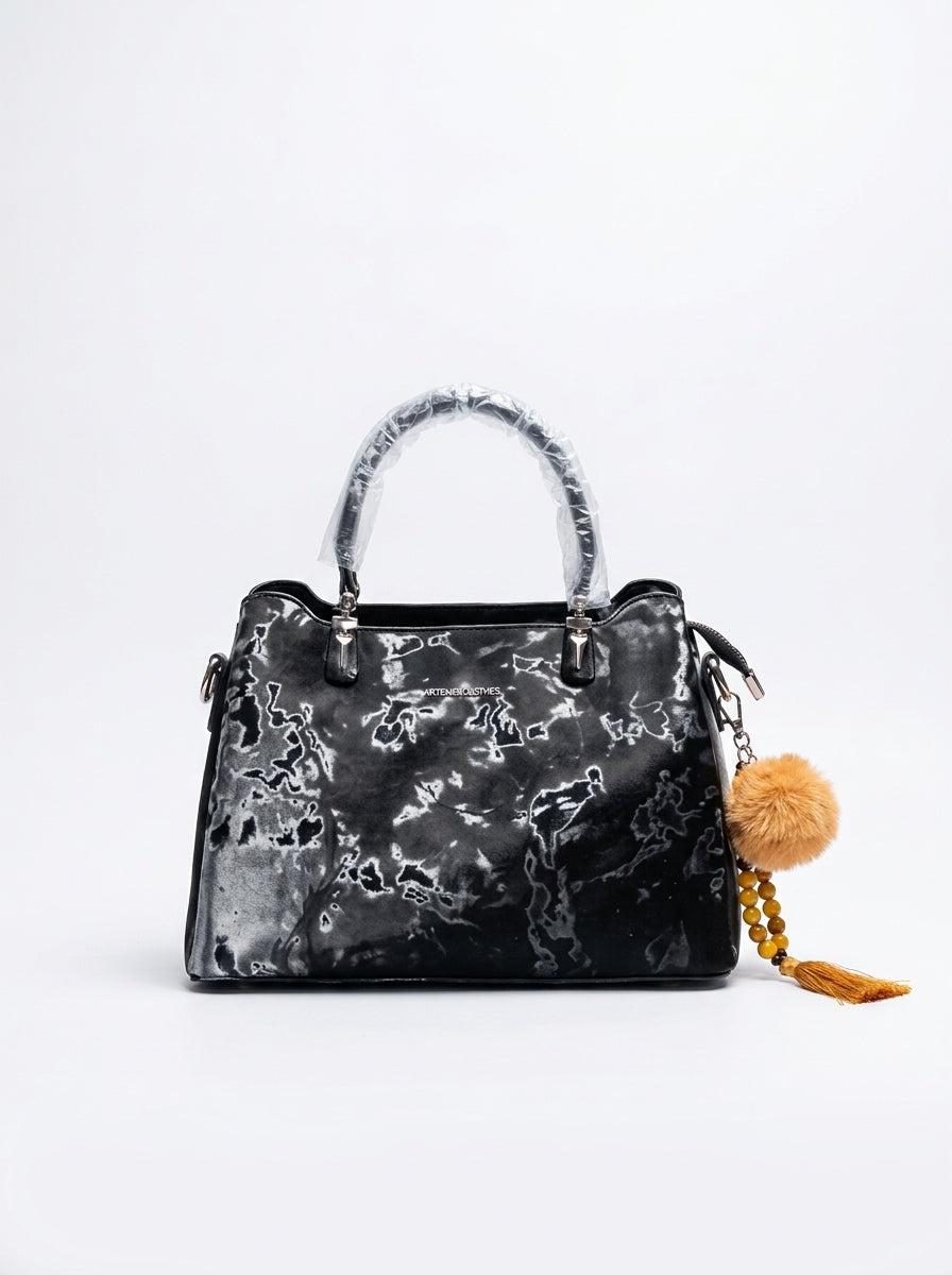 Black Marble-Effect Patent Satchel