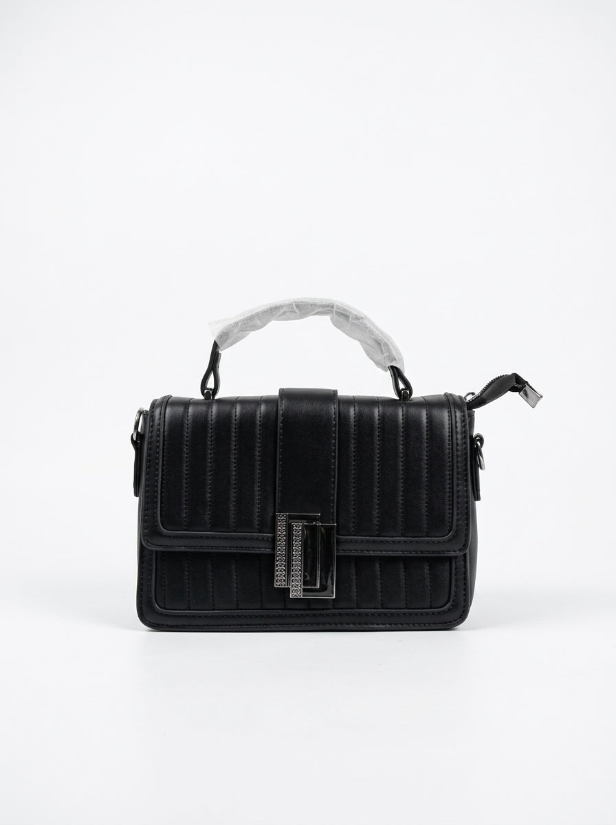 Black Ribbed Buckle-Strap Satchel