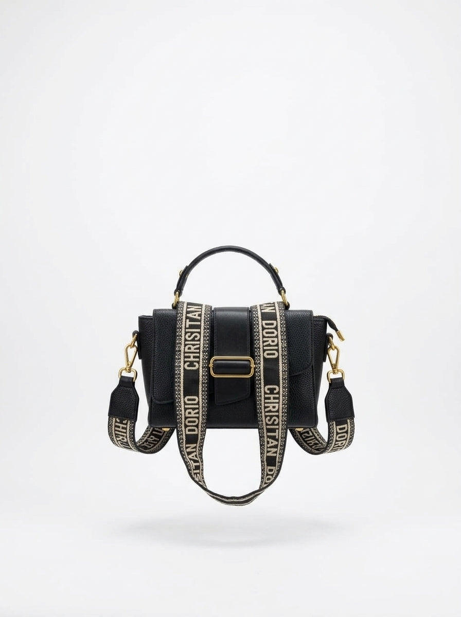 Black Structured Handbag with Woven Strap