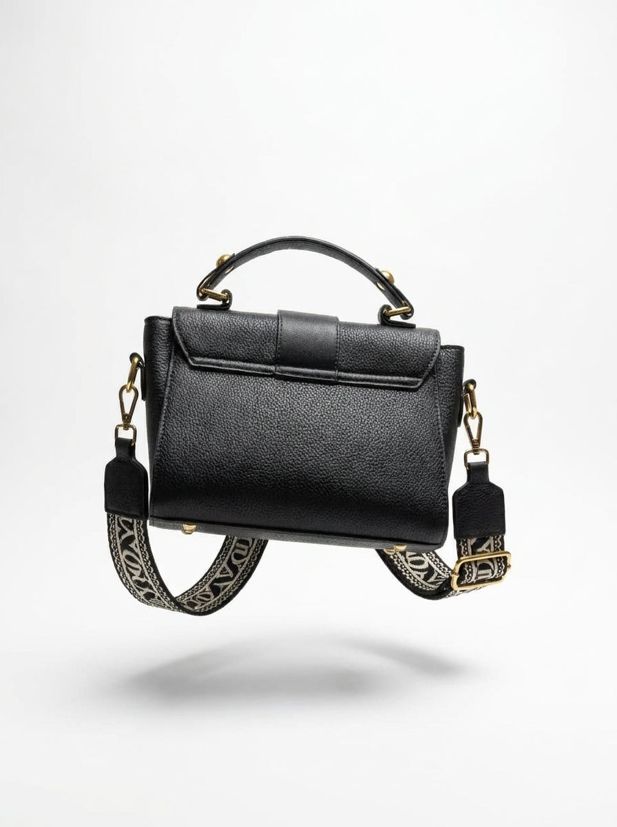 Black Structured Handbag with Woven Strap
