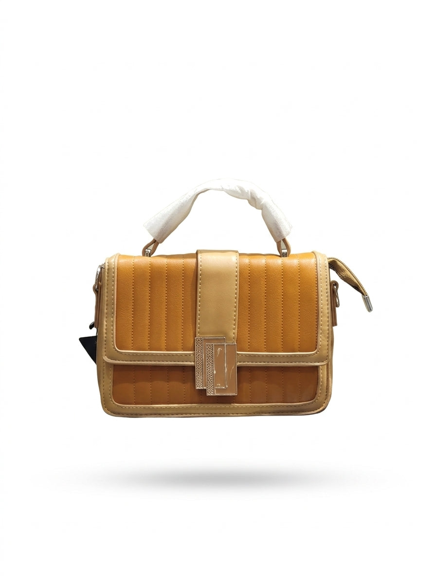Caramel Ribbed Buckle-Strap Satchel