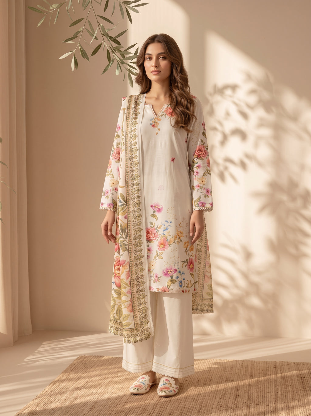 3 Piece Dobby Viscose Printed Suit (Unstitched)