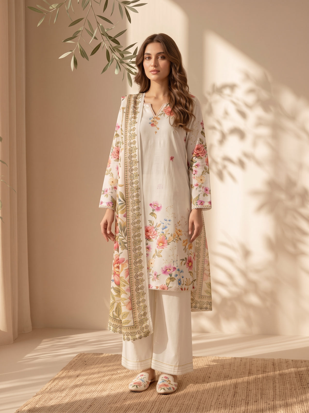 3 Piece Dobby Viscose Printed Suit (Unstitched)