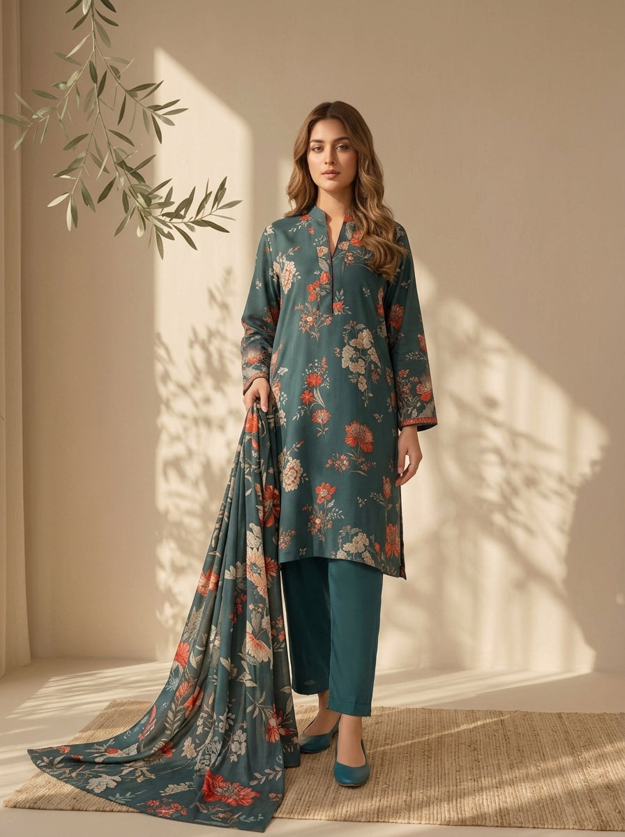 3 Piece Dobby Viscose Printed Suit (Unstitched)