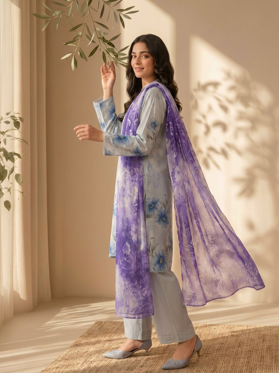 3 Piece Dobby Viscose Printed Suit (Unstitched)