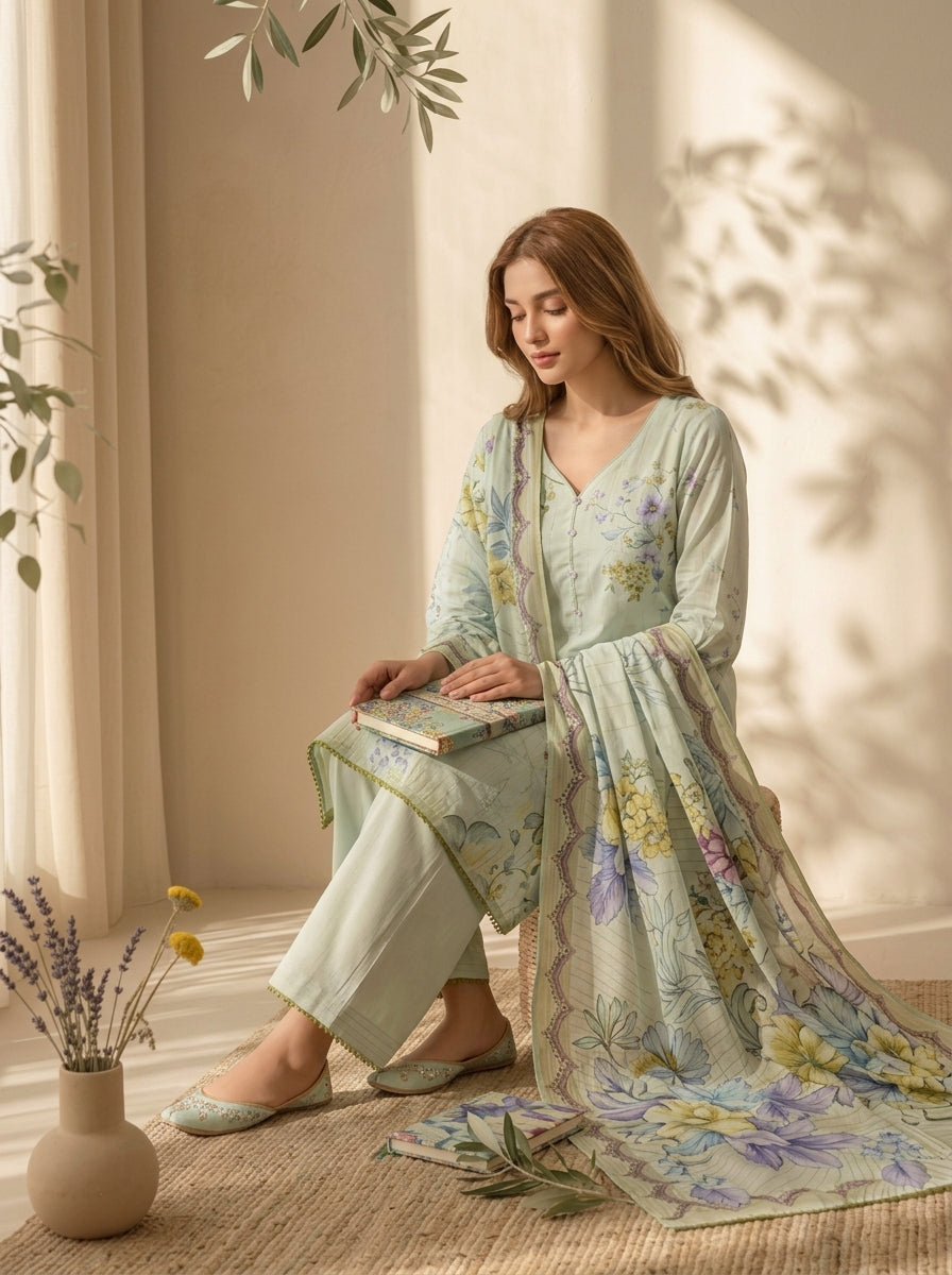 3 Piece Dobby Viscose Printed Suit (Unstitched)