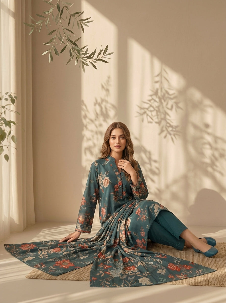 3 Piece Dobby Viscose Printed Suit (Unstitched)