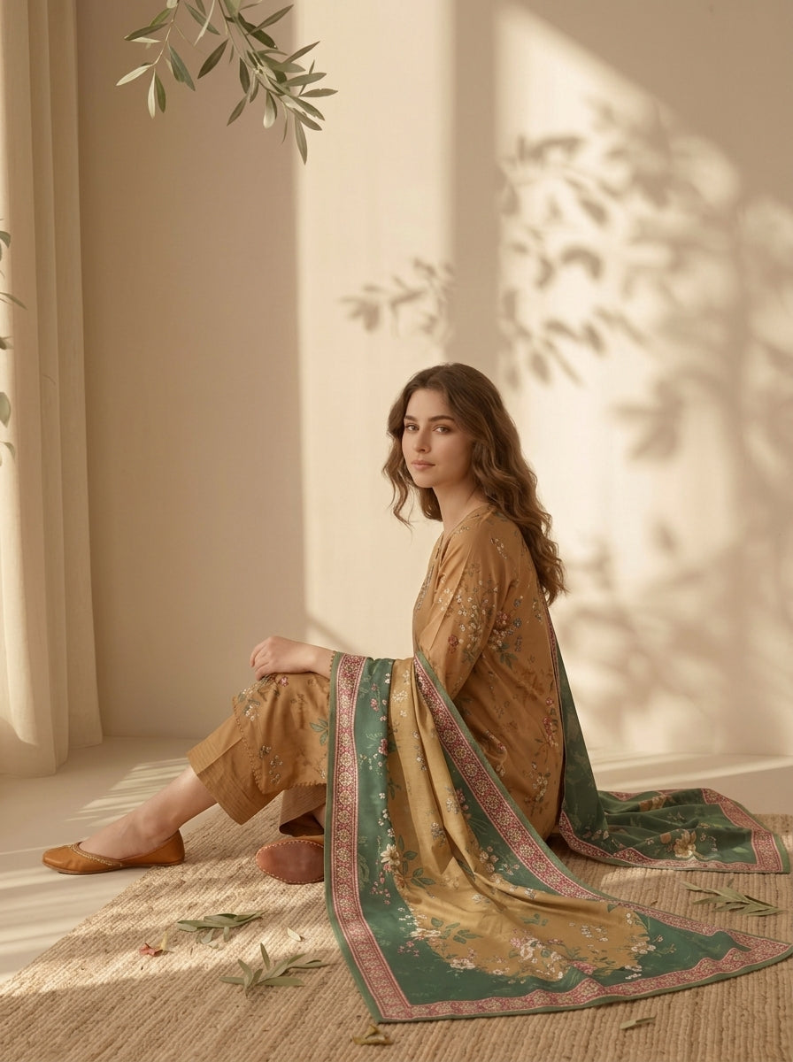 3 Piece Dobby Viscose Printed Suit (Unstitched)