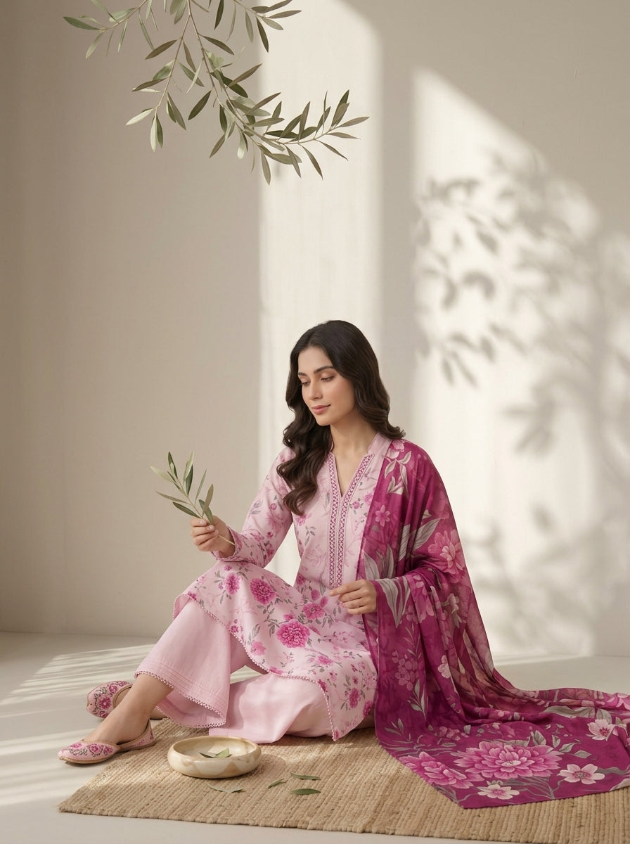 3 Piece Dobby Viscose Printed Suit (Unstitched)